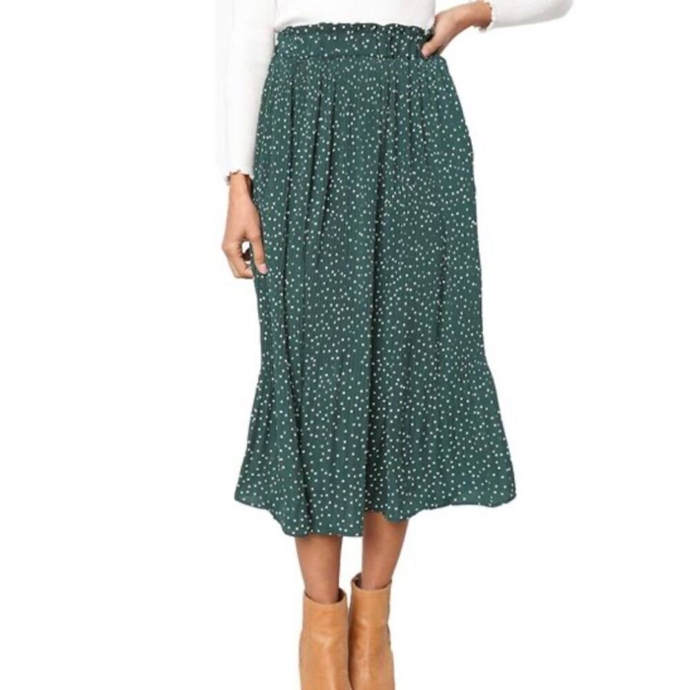 Exlura High Waist Polka Dot Pleated Skirt Midi Swing Skirt Women’s Medium